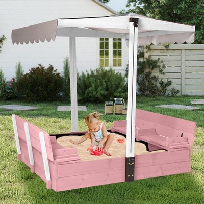 Sandbox with Lid and Cover, Kids Outdoor Sandbox with 360° Adjustable