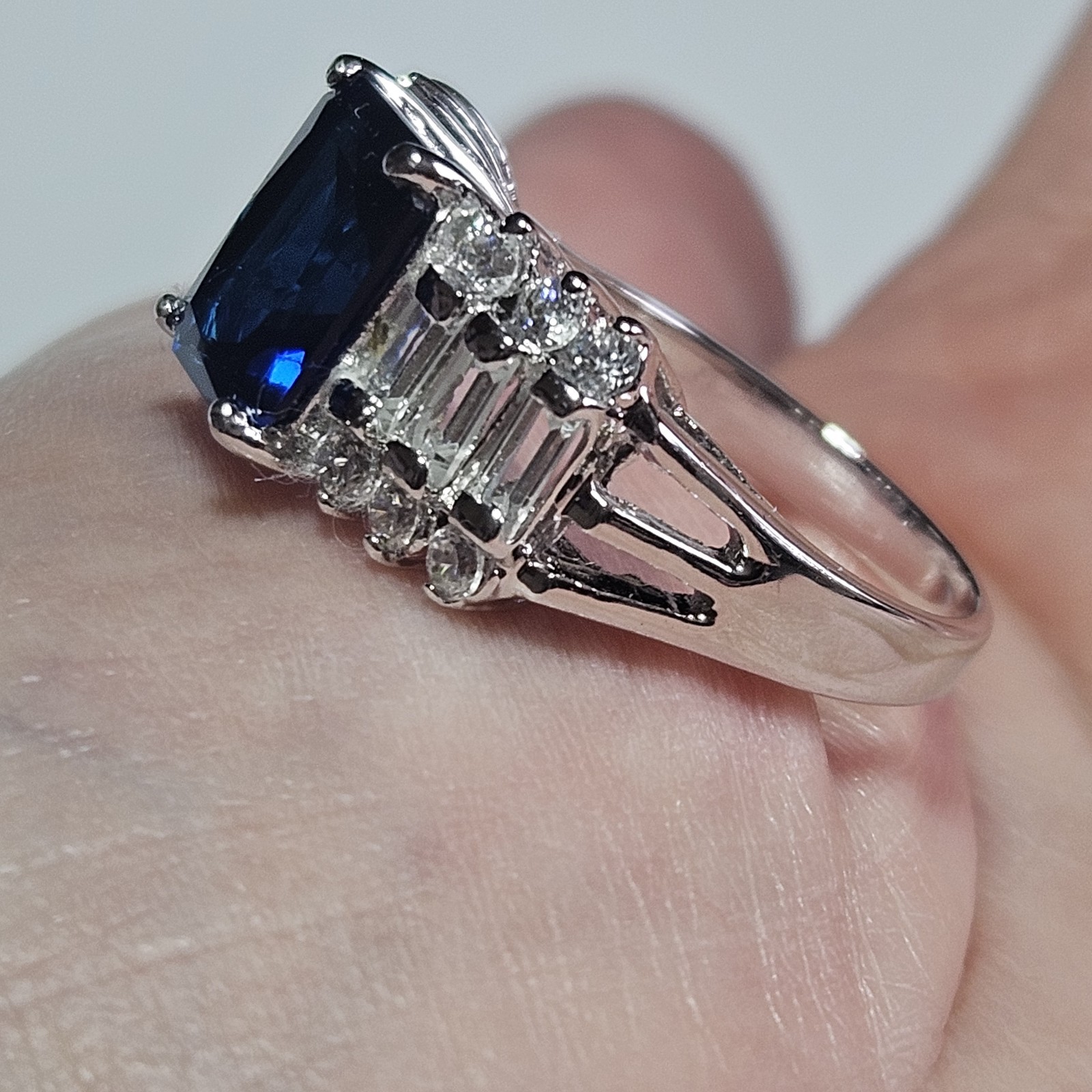 Silver Tone Blue Rectangular Rhinestone Clear Acc… - image 3