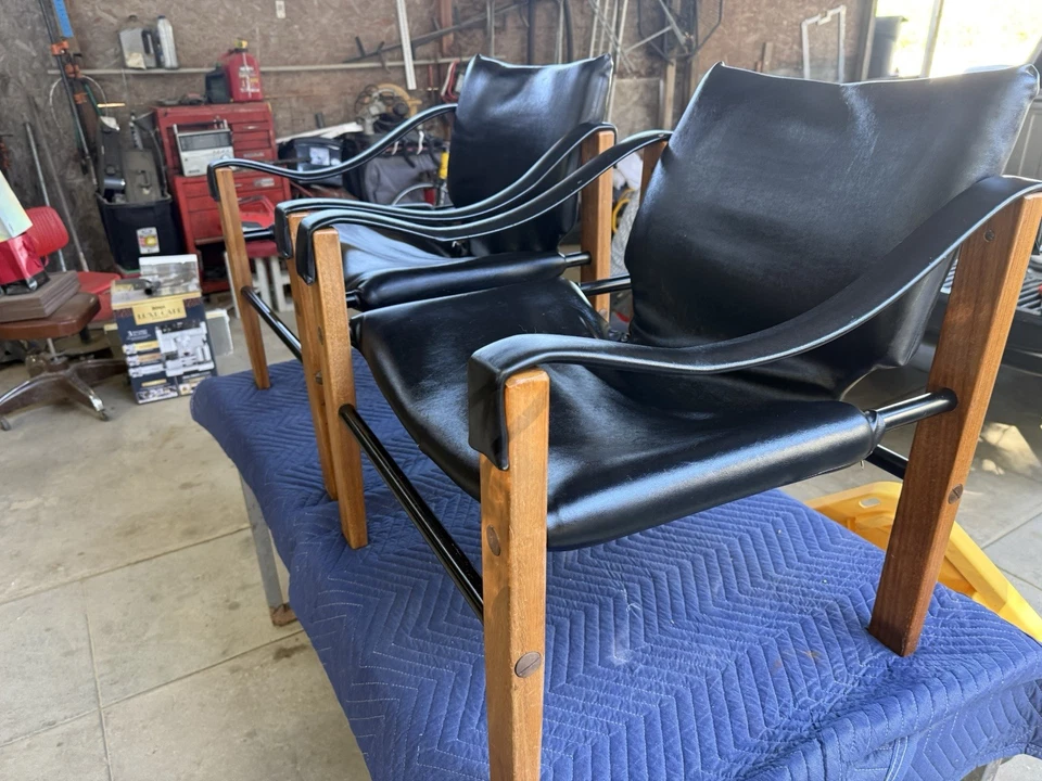 1960’s MCM Chelsea Arkana Safari Chairs Maurice Burke Black Faux Leather & Teak - Image 3 of 4