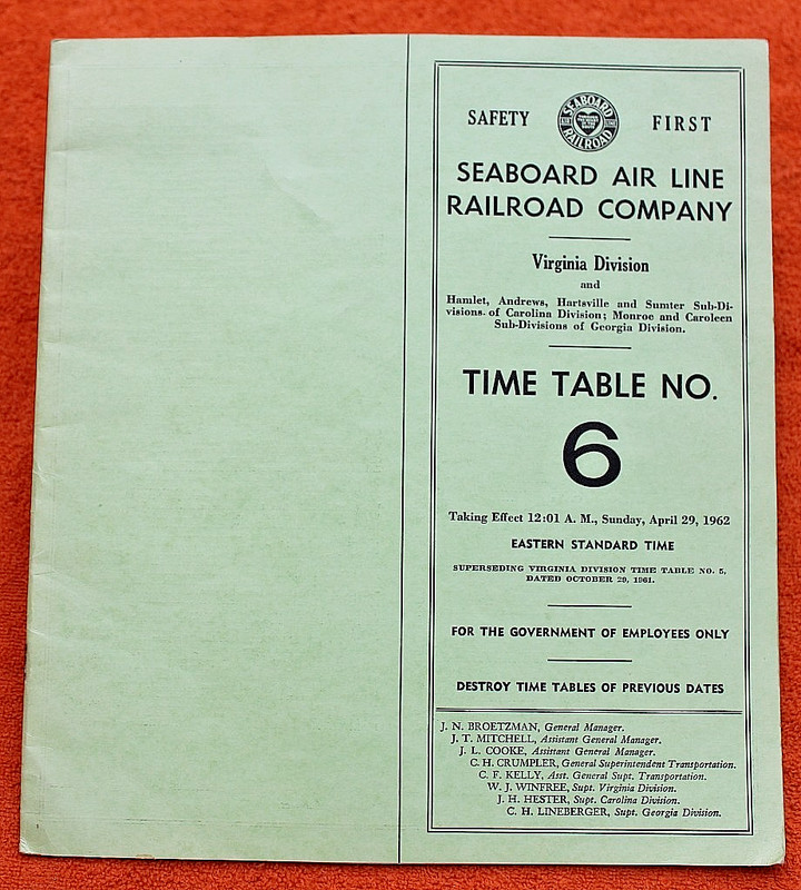 1962 Seaboard Railroad Virginia Division Railway Timetable Hamlet Sumter Andrews