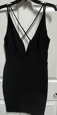 Black Plunge Neck Mini Stapped Back Bodycon Little Black Dress Holidays New