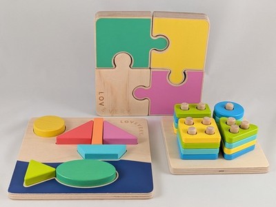 Lot of 3 Lovevery Wooden Toys: Chunky Jigsaw, Sunny Day, Sort Stack Peg Puzzles