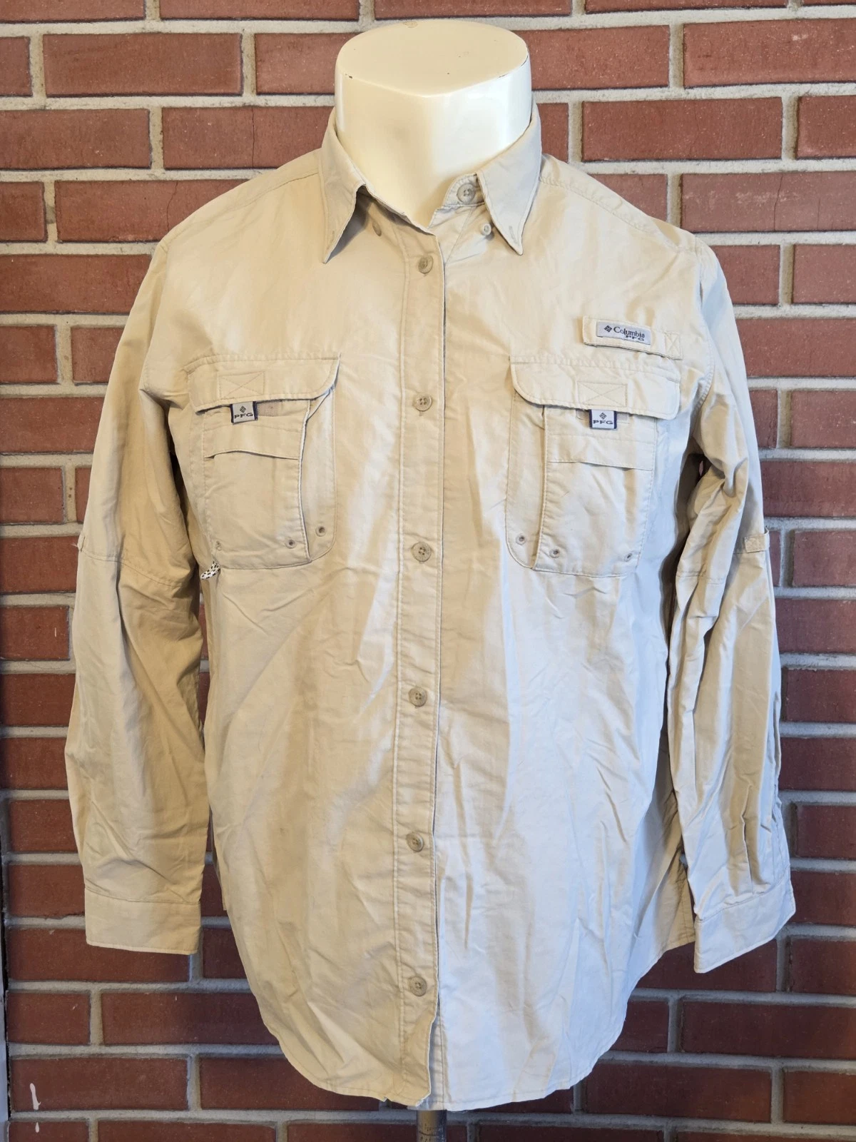 Columbia PFG Tan Long Sleeve Nylon Button Down Shirt Mens XL Fishing Outdoors