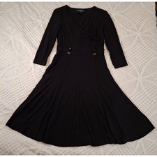 Lauren Ralph Lauren Size 4 Black Faux Wrap Dress Jersey Midi 3/4 Sleeve
