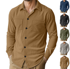 New Men's Corduroy Button Down Shirts Casual Long Sleeve Lightweight Pocket Tops