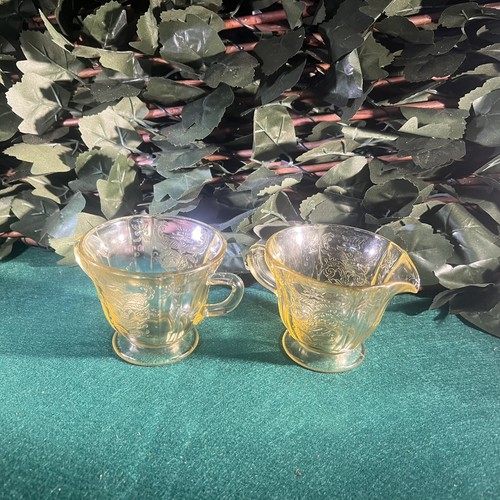 Vintage Federal Madrid Yellow Amber Depression Glass Creamer Sugar Bowl Set Of 2 - Picture 8 of 9