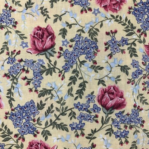New Cotton Fabric 4 yds Pink Cabbage Roses and Blue Flowers on Yellow Excellent