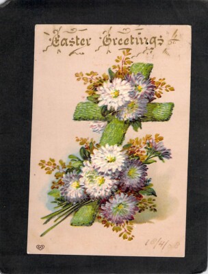 C8722 Greetings Easter flowers Cross pu to Pt Elliott Australia vintage postcard