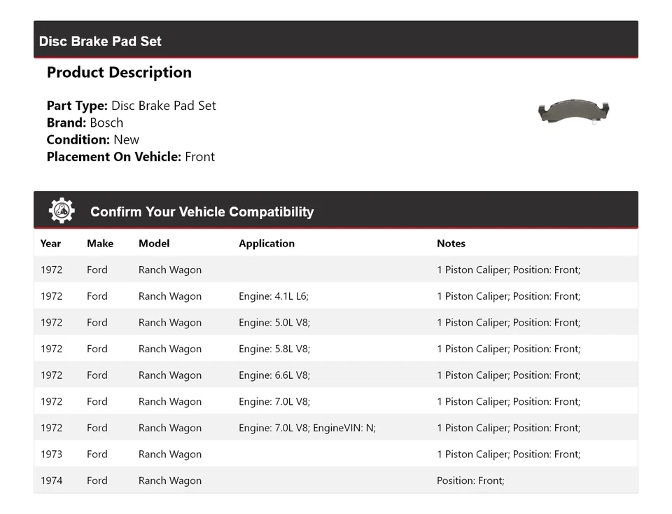 适用于 1972 - 1974 福特 Ranch Wagon Bosch 半金属刹车片 带 Hdw 前部 — 第 2/3 张图片