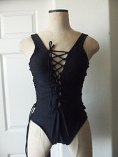 Womens Black Stretch Polyamide Lace-Up Lined One Piece Removable Pads Swimsuit L
