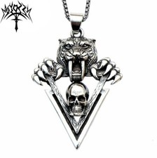 Mens Biker Saber Tooth Tiger Skull Necklace Pendant Stainless Steel Beast Gift