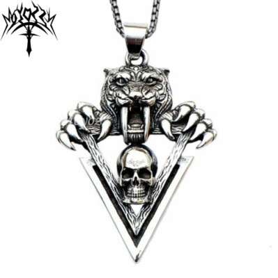 Mens Biker Saber Tooth Tiger Skull Necklace Pendant Stainless 