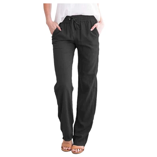 Damen Gerade Elastische Taille Hose Kordelzug Baumwolle Leinen Freizeit Lockere Hose - Bild 18 von 43