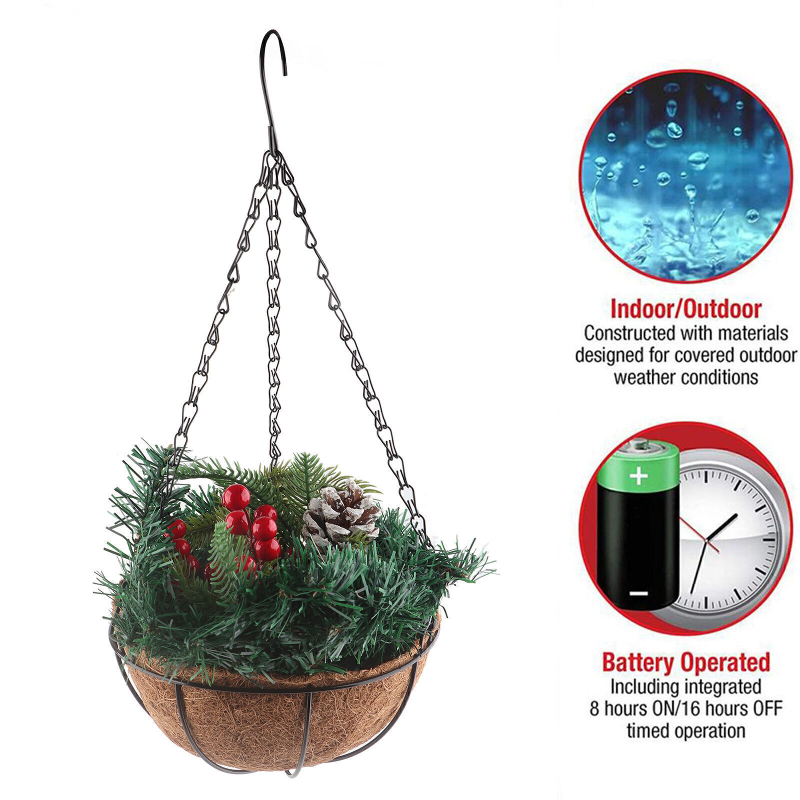 Artificial Christmas Hanging Basket Flocked with Mixed Decorations and White LED