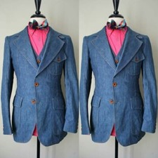 Vintage Denim Men's Suits Party Work Formal British Style Men Tuxedos Vest Pant
