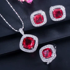 Cubic Zirconia Square Pendant Necklace Earrings Ring Silver Plated Jewelry Set