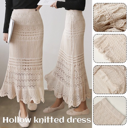 Women's High Waisted Loose Crochet Hollow Knitted Long Dress Plus Size - Picture 2 of 23