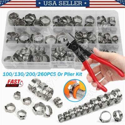 100/260Pcs Hose Clamps Single Ear Stainless Steel  Air Water Fuel Pipe Clips Kit