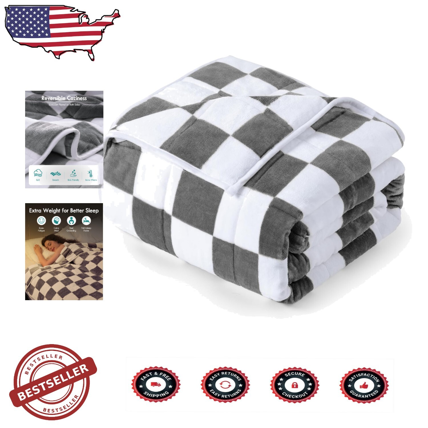 Reversible Checkered Flannel Weighted Blanket 60x80 for Better Sleep-image