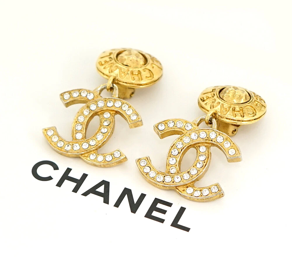 CHANEL CC Logos Dangle Earrings Rhinestone Earrings Gold Tone Auth q10606