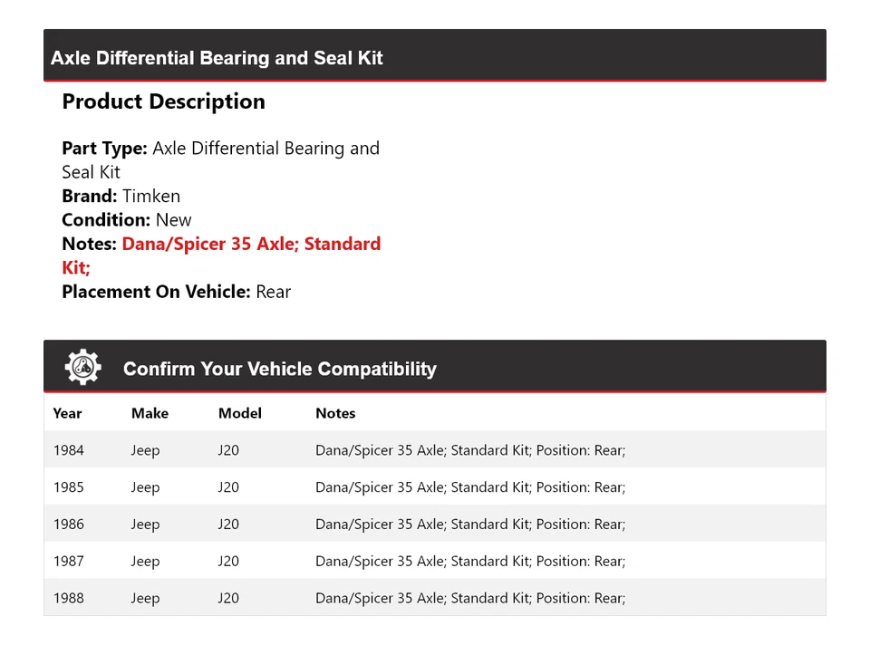 Kit de cojinete y sello diferencial de eje trasero Timken 1985 para Jeep J20 1984-1988 Foto 2 de 3