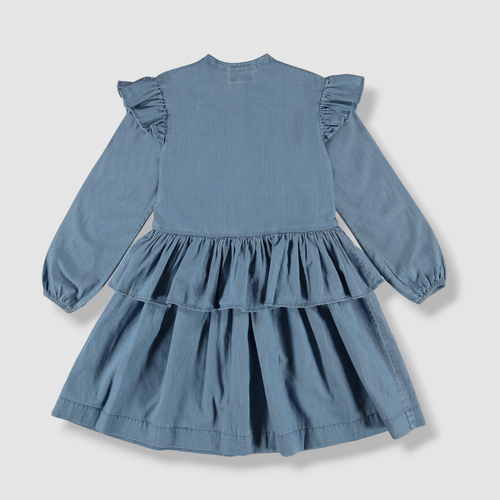 $91 Molo Kid's Girl's Blue Carisma Ruffle Trim Denim Dress Size 7/8 - Picture 2 of 3