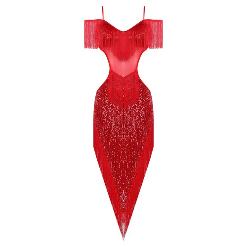 iEFiEL Damen Latein Tanzkleid Salsa Tango Pailletten Fransenkleid Glitzer Kleid - Bild 53 von 72