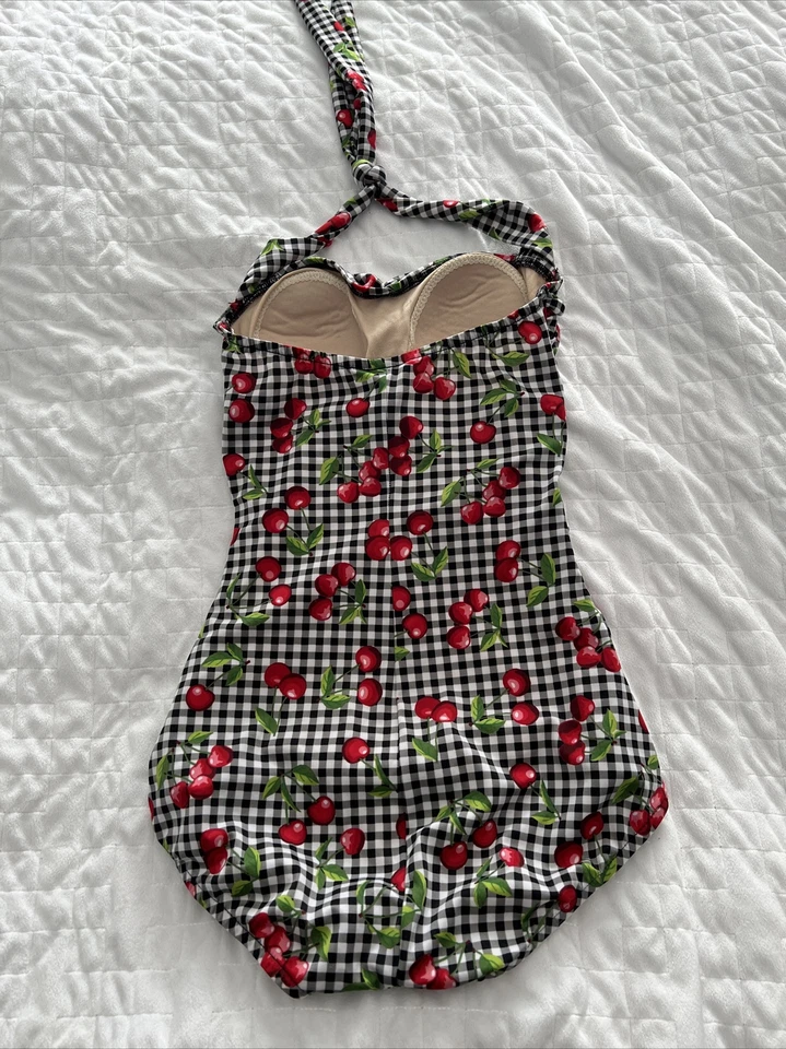 Traje de baño de una pieza pinup marca Esther Williams talla 4 cerezas en negro con cuadros Foto 2 de 4