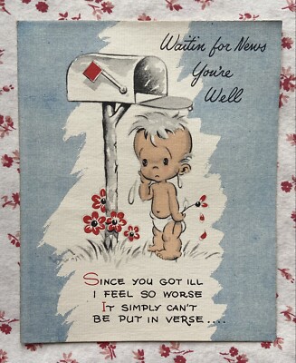 Vintage Mid Century UNUSED Get Well Cute Baby by Empty Mailbox Greeting Card