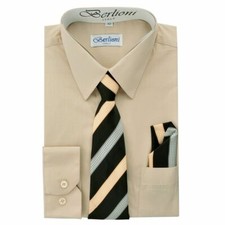 BERLIONI ITALY KIDS BOYS DRESS SHIRT LONG SLEEVE WITH TIE  HANKY SOLID KHAKI