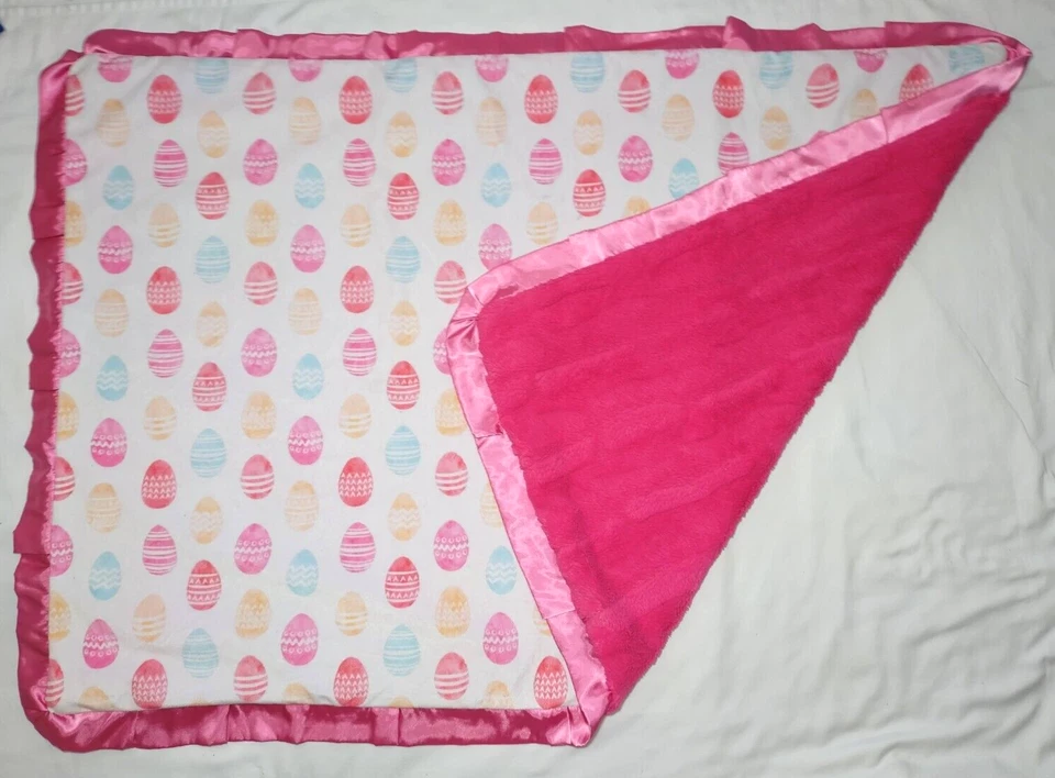 Minky Couture Easter Egg Pink Ruffled Satin Blanket Big 35x 48 Girls Plush - Image 4 of 4