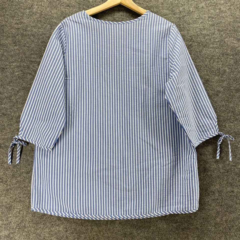 Blair 衬衫女式 L 大号蓝色条纹 V 领 3/4 袖棉质休闲套衫 — 第 2/4 张图片