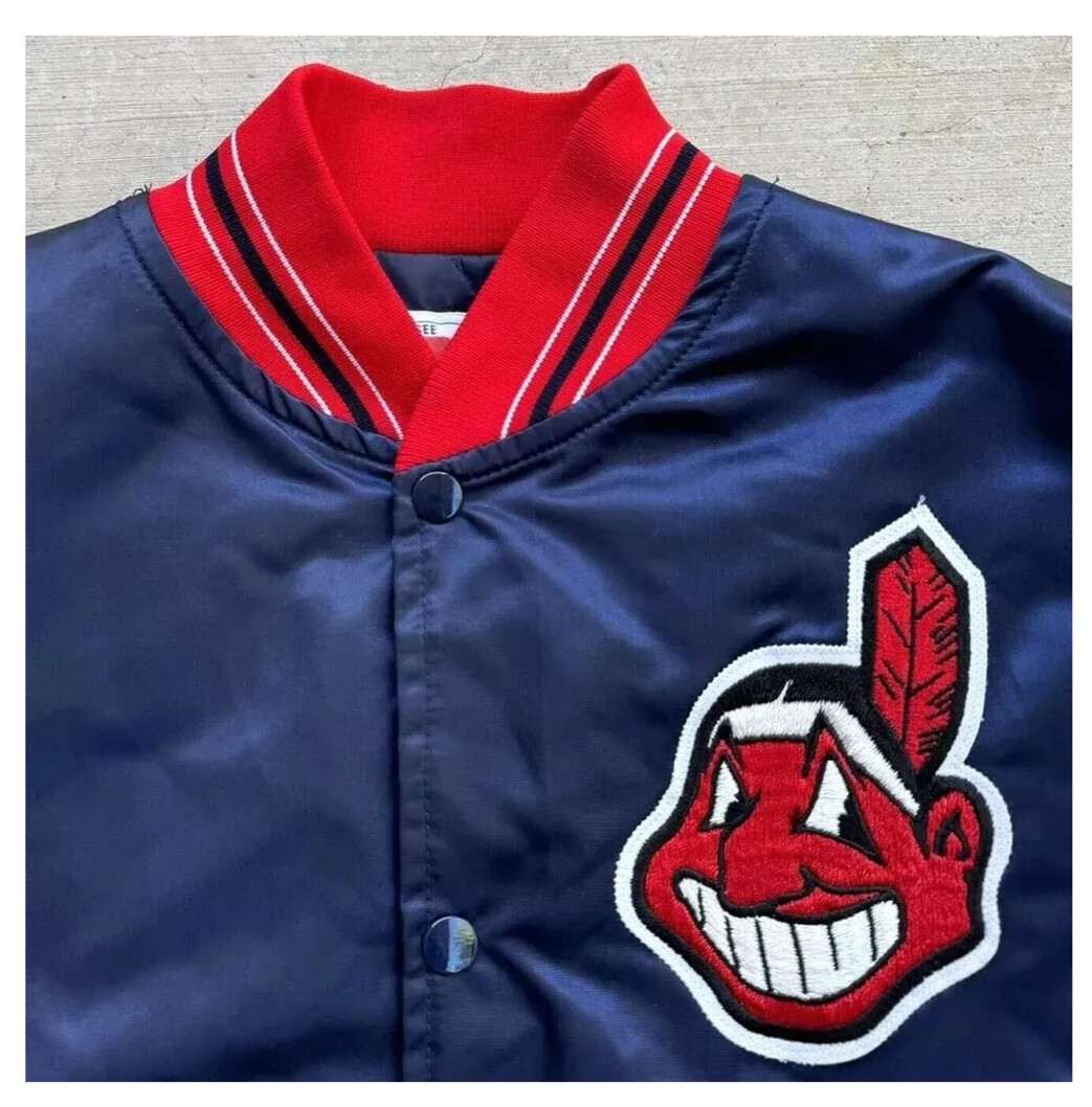 1989 Cleveland Indians Blue Satin Bomber Jacket Vintage Style Full Snap ...