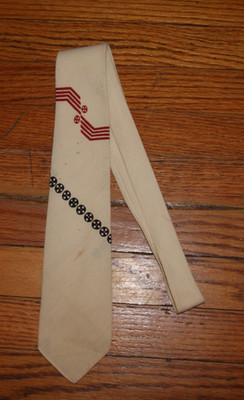 Palm Beach Cloth Ivory Mens Neck Tie Red Blue Geometric Vtg 1950s Beau Brummell