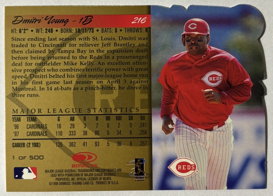1998 Donruss Cincinnati Reds Dmitri Young Gold Press Proof 1 of 500 - Image 2 of 2