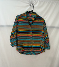 Womens Multicolor Striped Button-Up Shirt 3/4 Sleeve Casual Blouse Small