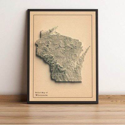 Wisconsin Map, Wisconsin 2D Relief Map, Wisconsin  Vintage Map - 2D Flat Print
