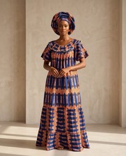 Women?s Blue & orage  Cotton African Print Kaftan Maxi Dress Headwrap M/L/XL