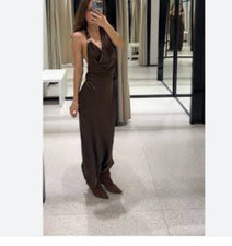 Zara Womens Asymmetric Satin Midi Dress Medium Brown Knot Detail 8094/851 NWT