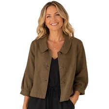 Theory Crop Jacket Womens Size 4 Taupe Brown Linen Wool Blend Earthy Button
