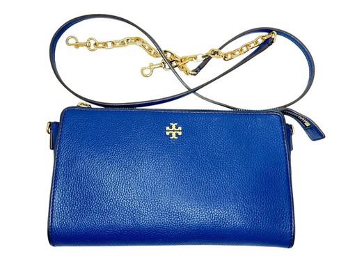 Tory Burch Carter Slim Crossbody Bag Clutch Blue Leather Pocket Back Zip Top - Picture 4 of 20