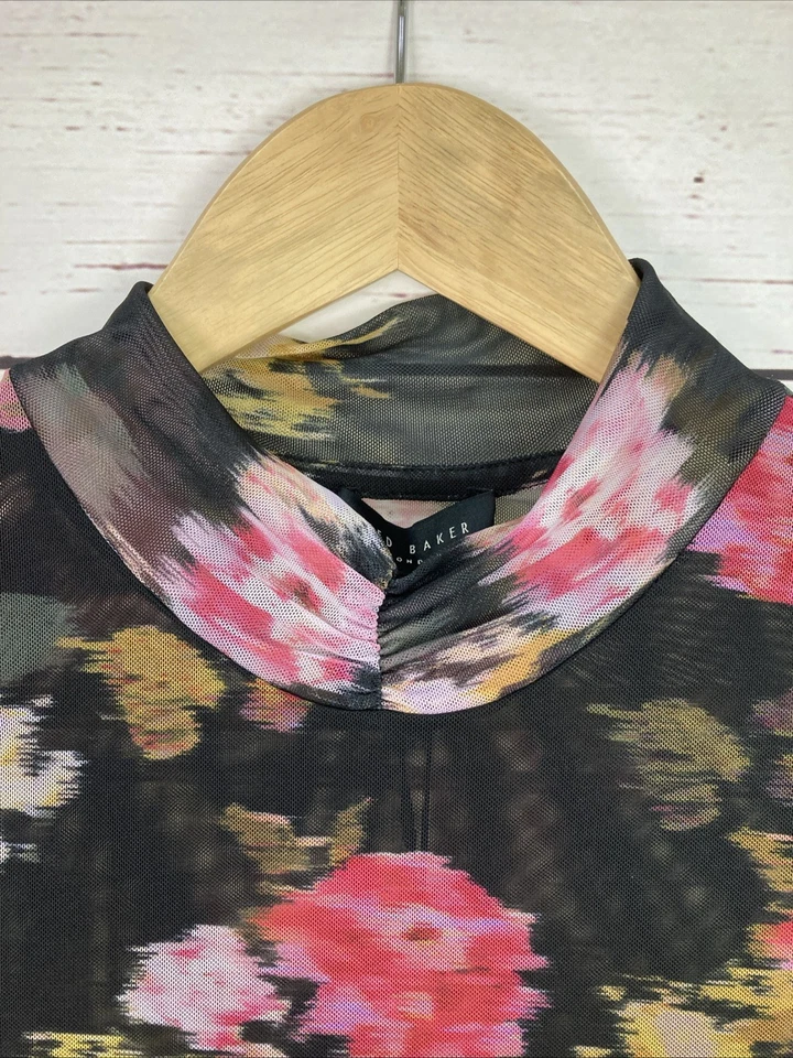 Ted Baker Mesh Top 8 Size 1 Black Floral Long Sleeves BNWT - Image 3 of 4