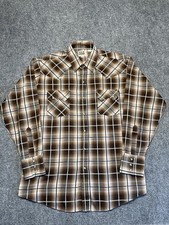 Ely Cattleman Shirt L Pearl Snap Long Sleeve Brown Plaid Lightweight Western
