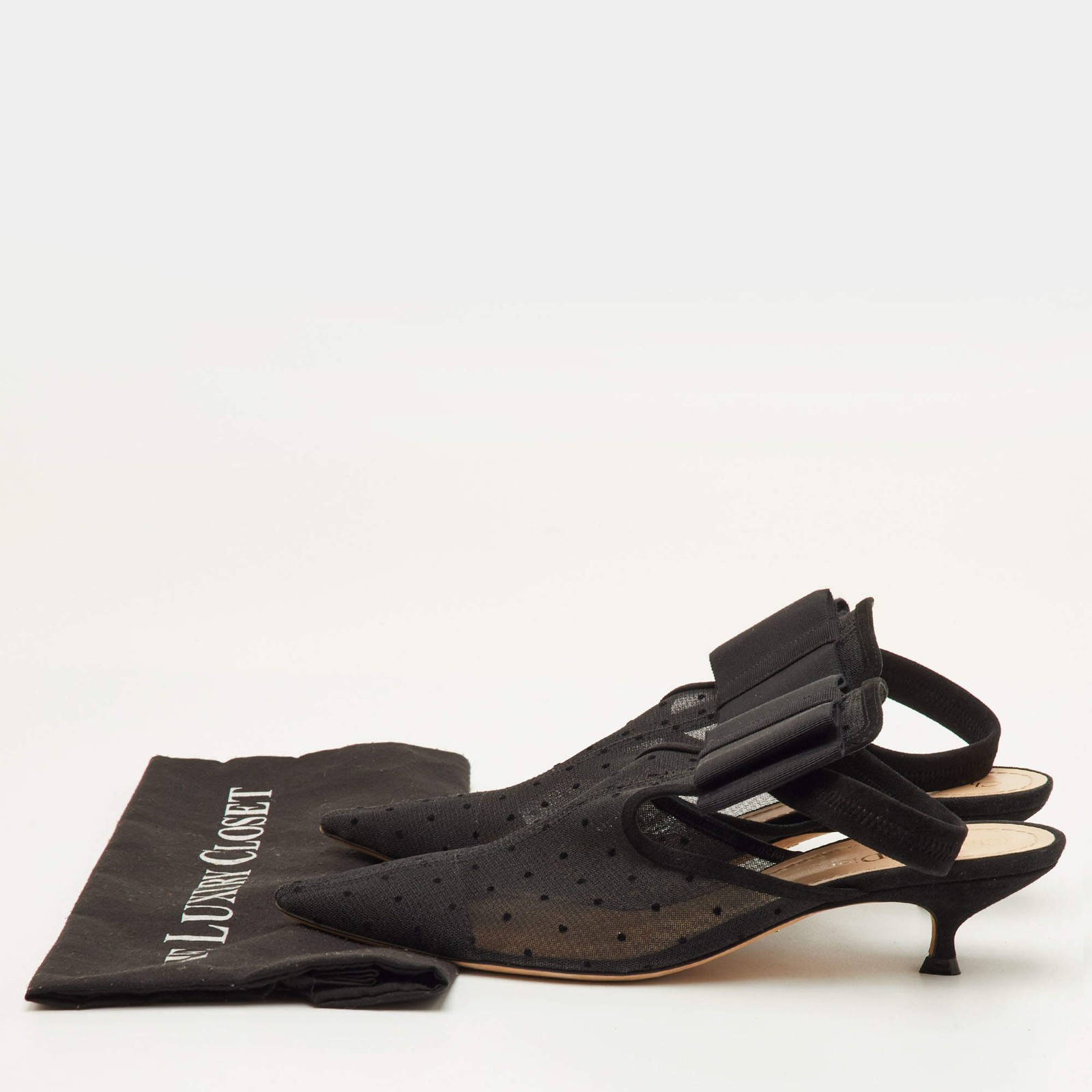 Dior Size 40 Black Mesh and Suede Trim Polka Dot Bow Pointed Toe Slingback Mules thumbnail 9