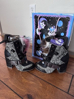 Irregular Choice Tootie Bootie Black/White Herringbone Fur Glitter Lace Up EU 37