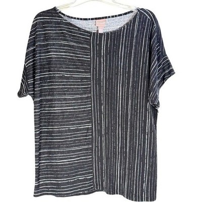 Chicos Size 3 Tunic Top Black White Stripe Asymmetrical Pattern
