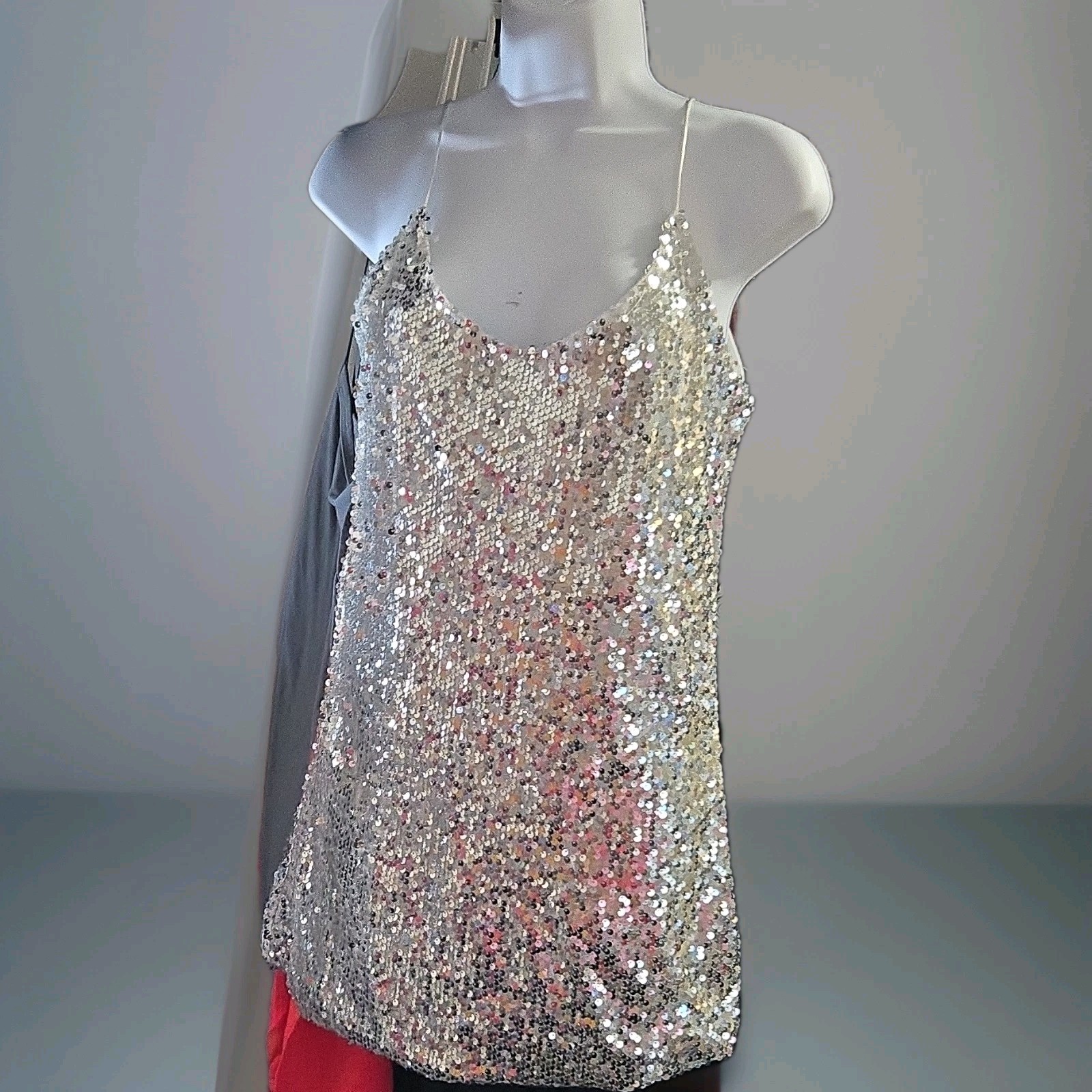 Silver Sequin Sleeveless Strappy Mini Slip Dress, V-Neck, Party/Cocktail