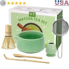 Authentic Matcha Whisk Set W/ Ceramic Bowl Bamboo Tools Stainless Steel Sifter