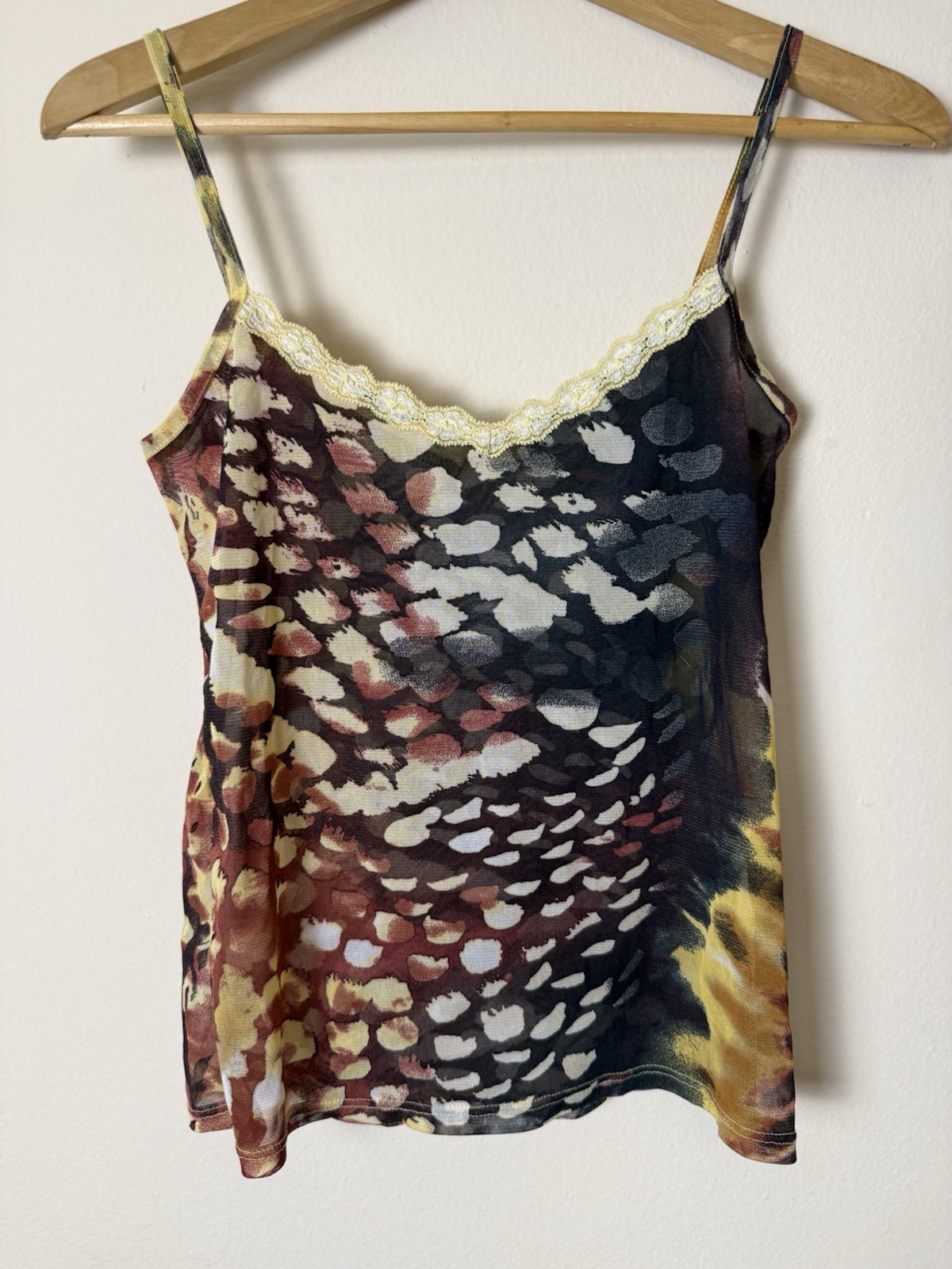 VTG 90s Y2K Sheer Mesh Camisole Cami Tank Top Animal Print Lace Trim Size 4 S/M