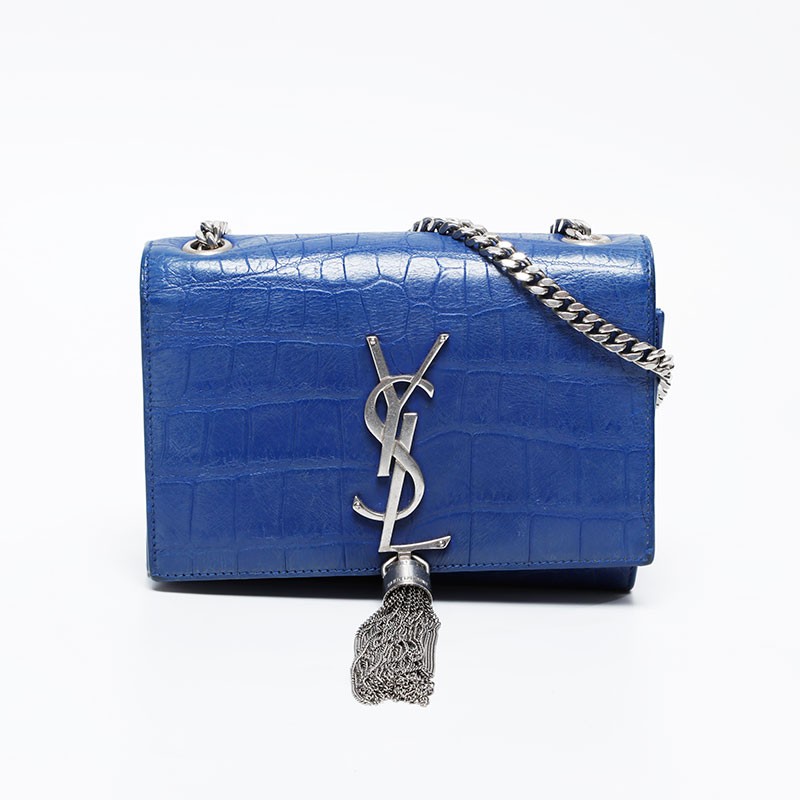 YVES SAINT LAURENT Kate Mini Borsa a tracolla in pelle goffrata con catena blu...